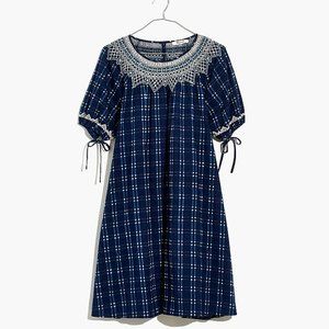 Madewell Embroidered Puff-Sleeve Babydoll Dress in Indigo Plaid size Medium NWT